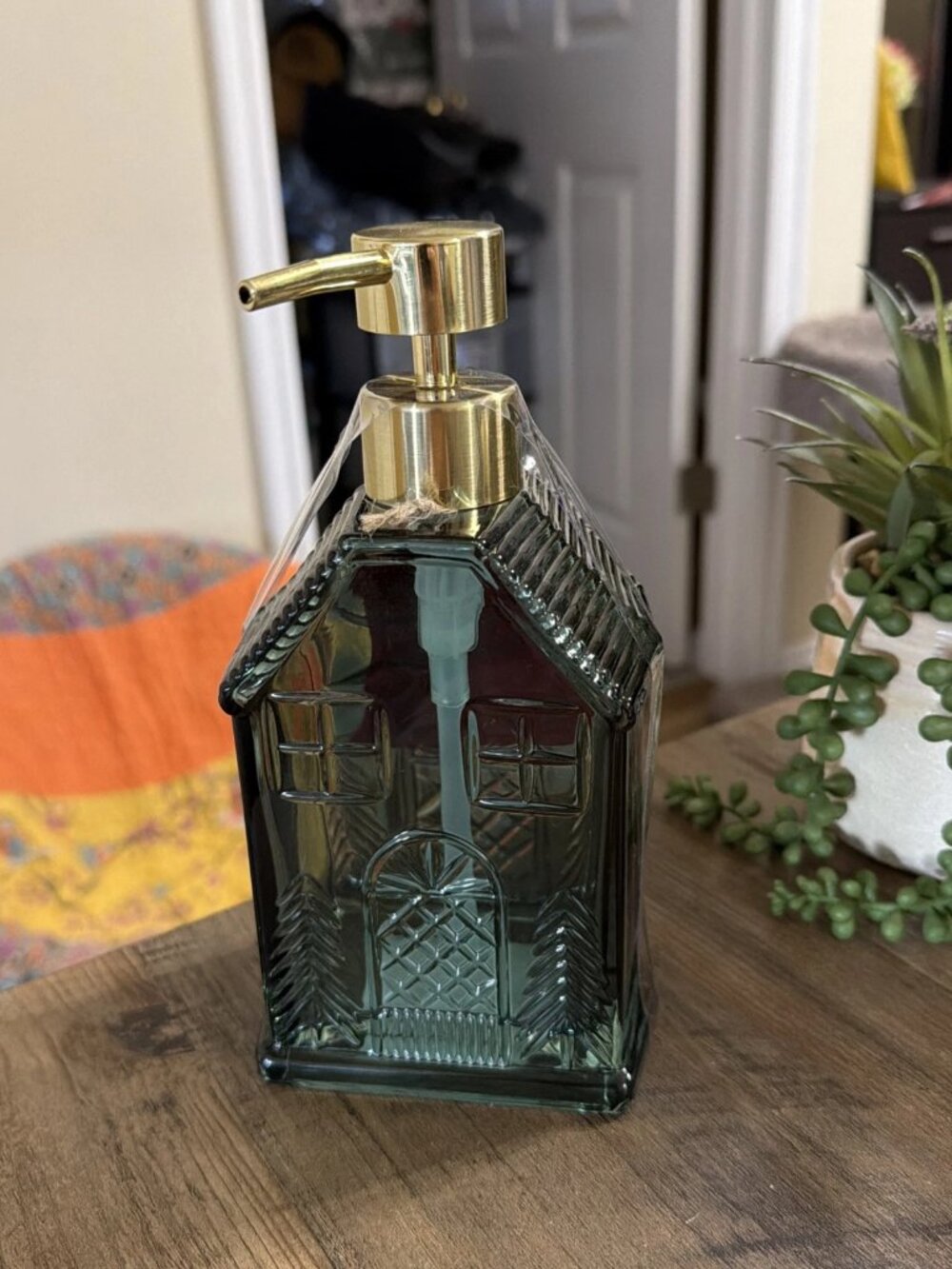 Hills & Hearth Vintage-Style House-Shaped Glass Soap Dispenser In Green - NWT